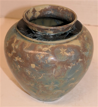 Unusual Phil Morgan Crystalline - NC Art Pottery Vase - 4 Glazes - Gray / Cream Background, Black around Neck, Blue and Lavendar Crystals - Vase is 6 1/4 tall - Signed on Bottom - Not Dated