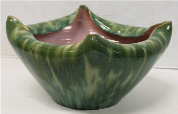Large North Carolina Art Pottery Rolled Edge Bowl - Variegated Green Exterior Glaze with Pink Interior - Bowl is 5 1/4 Tall 11 Wide - Attributed to The Cole Family 