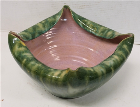 Large North Carolina Art Pottery Rolled Edge Bowl - Variegated Green Exterior Glaze with Pink Interior - Bowl is 5 1/4 Tall 11 Wide - Attributed to The Cole Family 