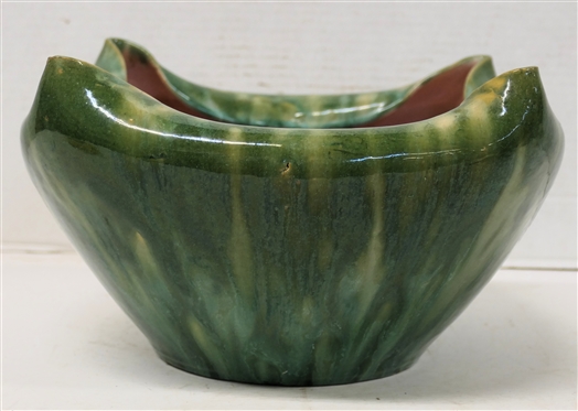 Large North Carolina Art Pottery Rolled Edge Bowl - Variegated Green Exterior Glaze with Pink Interior - Bowl is 5 1/4 Tall 11 Wide - Attributed to The Cole Family 