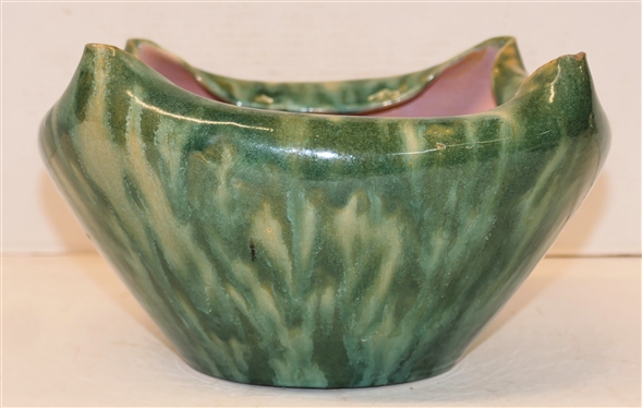 Large North Carolina Art Pottery Rolled Edge Bowl - Variegated Green Exterior Glaze with Pink Interior - Bowl is 5 1/4 Tall 11 Wide - Attributed to The Cole Family 