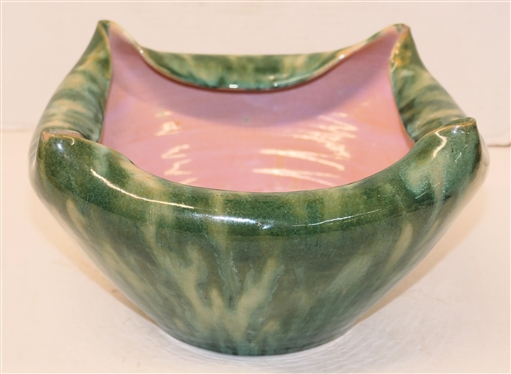 Large North Carolina Art Pottery Rolled Edge Bowl - Variegated Green Exterior Glaze with Pink Interior - Bowl is 5 1/4 Tall 11 Wide - Attributed to The Cole Family 