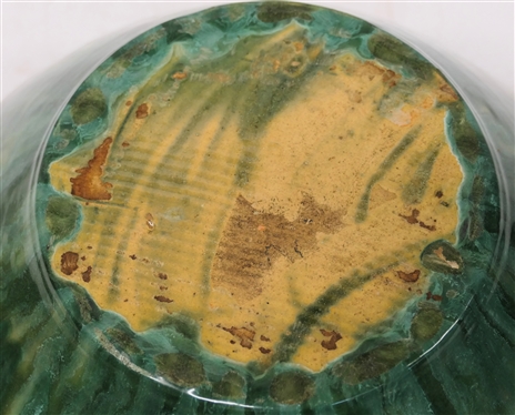 Large North Carolina Art Pottery Rolled Edge Bowl - Variegated Green Exterior Glaze with Pink Interior - Bowl is 5 1/4 Tall 11 Wide - Attributed to The Cole Family 
