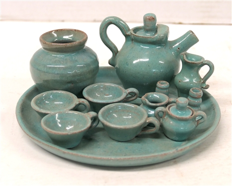 12 Piece Neolia Cole 1997 North Carolina Pottery Miniature Tea Set with Poem on Bottom - Underplate Measures 7 Across - Tea Pot is 3 Tall - Most Pieces Signed and Dated CC and 97 