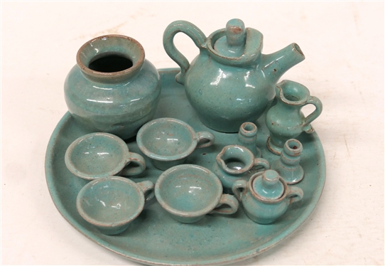 12 Piece Neolia Cole 1997 North Carolina Pottery Miniature Tea Set with Poem on Bottom - Underplate Measures 7 Across - Tea Pot is 3 Tall - Most Pieces Signed and Dated CC and 97 