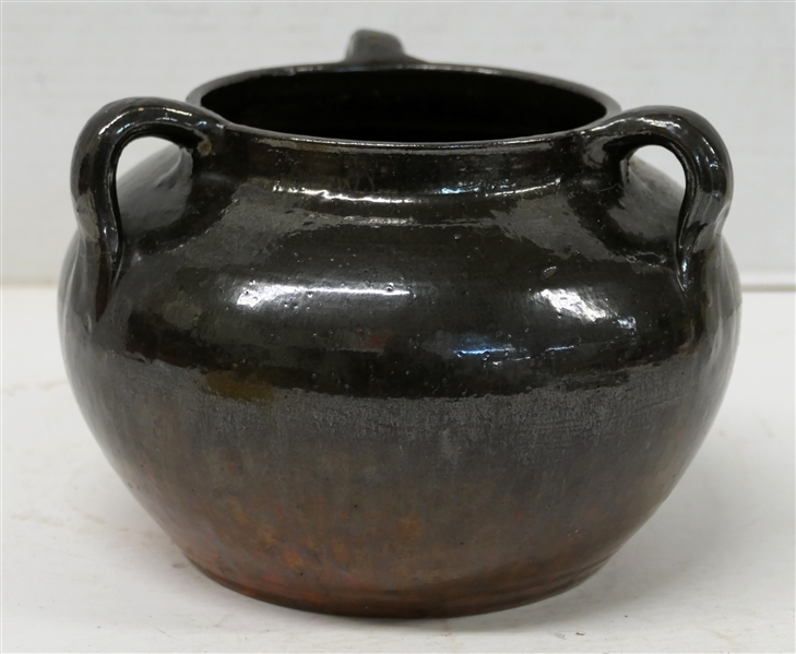 North Carolina Art Pottery Triple Handled Vessel - Mirror Black and Red Variegated Glaze - 5" tall 7" Wide - Few Imperfections in Glaze - See Photos