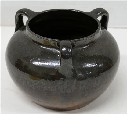 North Carolina Art Pottery Triple Handled Vessel - Mirror Black and Red Variegated Glaze - 5 tall 7 Wide - Few Imperfections in Glaze - See Photos