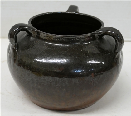 North Carolina Art Pottery Triple Handled Vessel - Mirror Black and Red Variegated Glaze - 5 tall 7 Wide - Few Imperfections in Glaze - See Photos