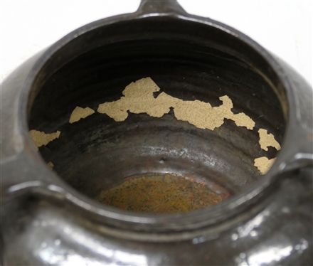 North Carolina Art Pottery Triple Handled Vessel - Mirror Black and Red Variegated Glaze - 5 tall 7 Wide - Few Imperfections in Glaze - See Photos