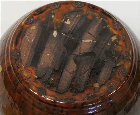 North Carolina Art Pottery Triple Handled Vessel - Mirror Black and Red Variegated Glaze - 5 tall 7 Wide - Few Imperfections in Glaze - See Photos
