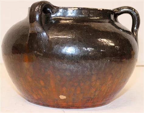 North Carolina Art Pottery Triple Handled Vessel - Mirror Black and Red Variegated Glaze - 5 tall 7 Wide - Few Imperfections in Glaze - See Photos