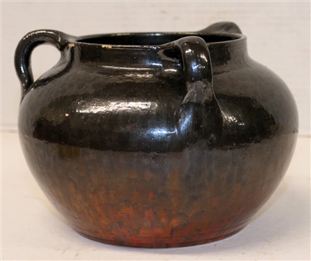 North Carolina Art Pottery Triple Handled Vessel - Mirror Black and Red Variegated Glaze - 5 tall 7 Wide - Few Imperfections in Glaze - See Photos