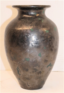 Large Dover Pottery Crystalline Art Pottery Vase - Dark Emerald Green Background with Black Crystalline Glaze - Dover Pottery Seagrove,  NC - Al McCanless Potter - Dated 1996 - Vase is 9 Tall 