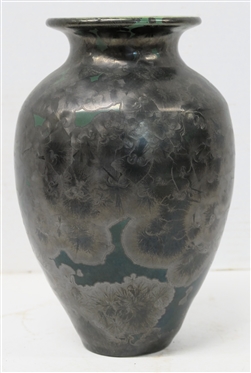 Large Dover Pottery Crystalline Art Pottery Vase - Dark Emerald Green Background with Black Crystalline Glaze - Dover Pottery Seagrove,  NC - Al McCanless Potter - Dated 1996 - Vase is 9 Tall 