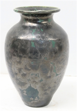 Large Dover Pottery Crystalline Art Pottery Vase - Dark Emerald Green Background with Black Crystalline Glaze - Dover Pottery Seagrove,  NC - Al McCanless Potter - Dated 1996 - Vase is 9 Tall 