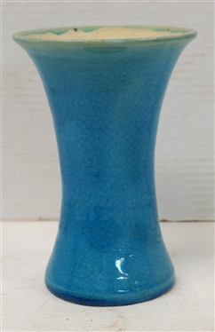 1947 Pisgah Forest Stephen - Blue Crackel Glazed Vase - White Speckled Interior - Vase is 7 Tall - Stamped 47 Stephen with Potter''s Wheel Mark 