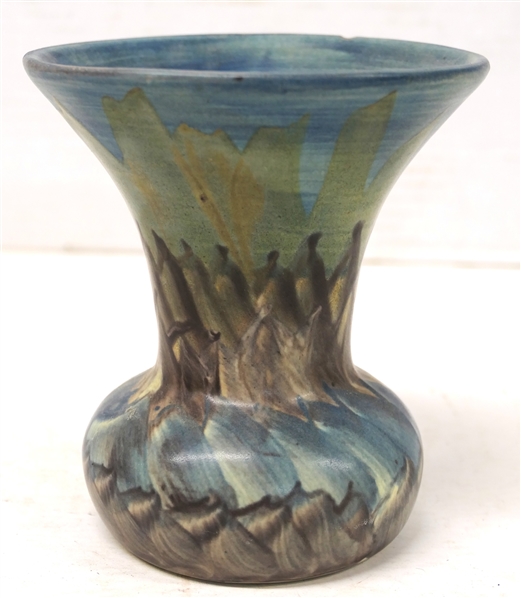 Peters And Reed Landsun 1920s Arts And Crafts Blue, Gray, and Brown Decorated Art Pottery Vase - 5" Tall - Not Signed 