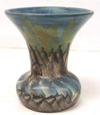 Peters And Reed Landsun 1920s Arts And Crafts Blue, Gray, and Brown Decorated Art Pottery Vase - 5 Tall - Not Signed 