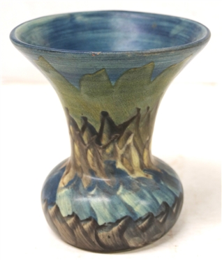 Peters And Reed Landsun 1920s Arts And Crafts Blue, Gray, and Brown Decorated Art Pottery Vase - 5 Tall - Not Signed 