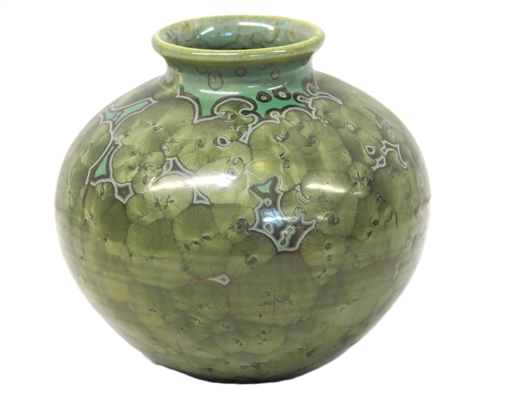 Pretty Dover North Carolina Art Pottery Crystalline Vase - Green and Turquoise with Overall Crystal Decoration - Dover Pottery Seagrove,  NC - Al McCanless Potter - Dated 1992 - Vase is 5" Tall 