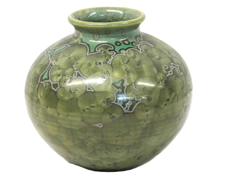Pretty Dover North Carolina Art Pottery Crystalline Vase - Green and Turquoise with Overall Crystal Decoration - Dover Pottery Seagrove,  NC - Al McCanless Potter - Dated 1992 - Vase is 5 Tall 