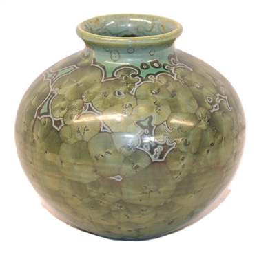 Pretty Dover North Carolina Art Pottery Crystalline Vase - Green and Turquoise with Overall Crystal Decoration - Dover Pottery Seagrove,  NC - Al McCanless Potter - Dated 1992 - Vase is 5 Tall 