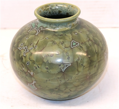 Pretty Dover North Carolina Art Pottery Crystalline Vase - Green and Turquoise with Overall Crystal Decoration - Dover Pottery Seagrove,  NC - Al McCanless Potter - Dated 1992 - Vase is 5 Tall 