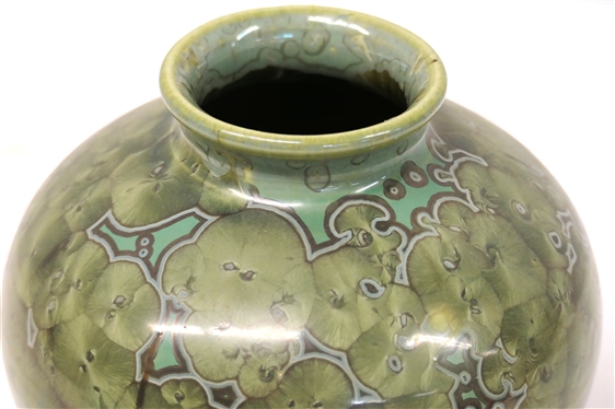 Pretty Dover North Carolina Art Pottery Crystalline Vase - Green and Turquoise with Overall Crystal Decoration - Dover Pottery Seagrove,  NC - Al McCanless Potter - Dated 1992 - Vase is 5 Tall 