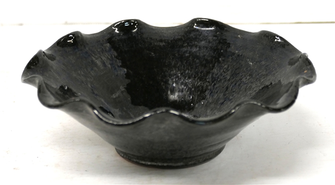 North Carolina Pottery Bowl with Black Mirror Glaze - Ruffled Edges - Vase is 2 1/4 Tall 7 Across