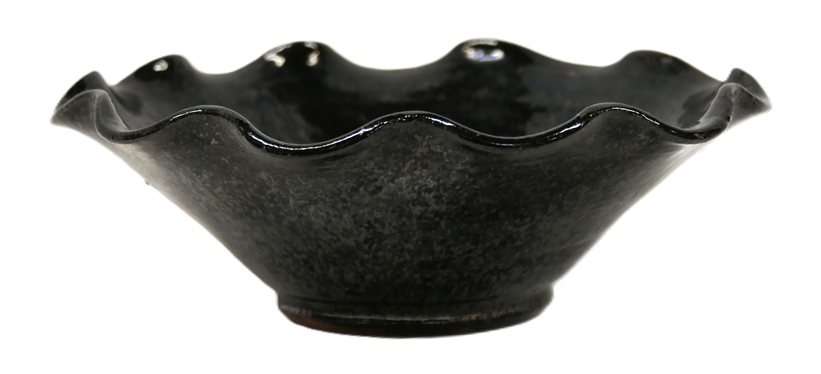 North Carolina Pottery Bowl with Black Mirror Glaze - Ruffled Edges - Vase is 2 1/4 Tall 7 Across