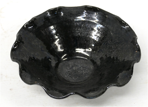 North Carolina Pottery Bowl with Black Mirror Glaze - Ruffled Edges - Vase is 2 1/4 Tall 7 Across
