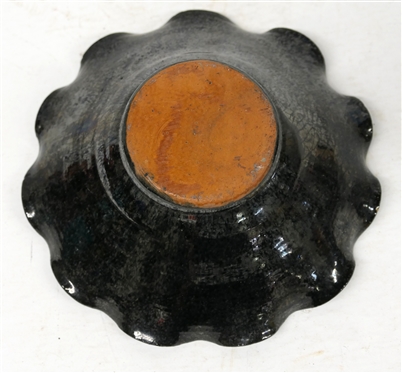 North Carolina Pottery Bowl with Black Mirror Glaze - Ruffled Edges - Vase is 2 1/4 Tall 7 Across