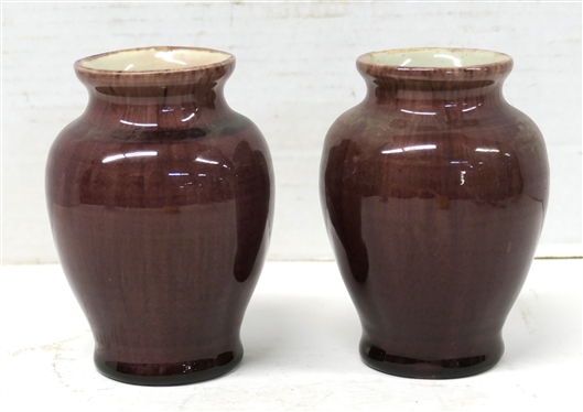 Pair of Pisgah Forest 1942 Dark Wine Glazed Vases - White Glazed Interior - Stamped Pisgah Forest 1942 - Each Vase is 5 Tall 