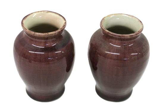 Pair of Pisgah Forest 1942 Dark Wine Glazed Vases - White Glazed Interior - Stamped Pisgah Forest 1942 - Each Vase is 5 Tall 