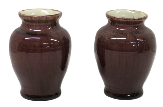 Pair of Pisgah Forest 1942 Dark Wine Glazed Vases - White Glazed Interior - Stamped Pisgah Forest 1942 - Each Vase is 5 Tall 