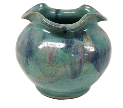 Royal Crown Pottery (1939 - 1942) Fluted Vase - Turquoise Blue Glaze with Blue and Pink -Stamped Royal Crown Handmade Pottery New York Vase is 5 tall 5 Across 