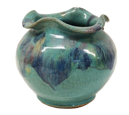 Royal Crown Pottery (1939 - 1942) Fluted Vase - Turquoise Blue Glaze with Blue and Pink -Stamped Royal Crown Handmade Pottery New York Vase is 5 tall 5 Across 