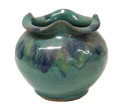 Royal Crown Pottery (1939 - 1942) Fluted Vase - Turquoise Blue Glaze with Blue and Pink -Stamped Royal Crown Handmade Pottery New York Vase is 5 tall 5 Across 