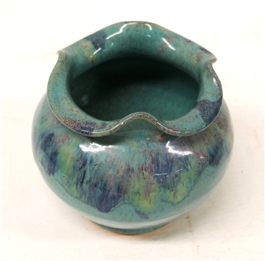 Royal Crown Pottery (1939 - 1942) Fluted Vase - Turquoise Blue Glaze with Blue and Pink -Stamped Royal Crown Handmade Pottery New York Vase is 5 tall 5 Across 
