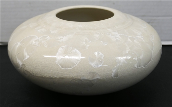 George Smyth 1991 Dated Crystalline Pottery Vessel - White Glaze and Crystals - Signed Smyth 1991 - George Smyth Missouri Potter