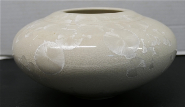George Smyth 1991 Dated Crystalline Pottery Vessel - White Glaze and Crystals - Signed Smyth 1991 - George Smyth Missouri Potter