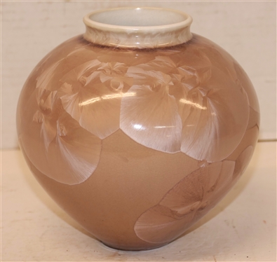 Sid Oakley North Carolina Crystalline Art Pottery Vase - Light Tan with Large Champagne Pink Crystals - Signed Oakley on Bottom - Vase is 6 Tall 