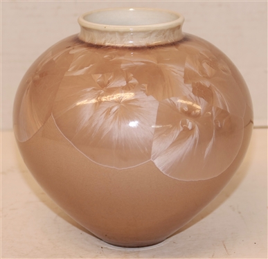 Sid Oakley North Carolina Crystalline Art Pottery Vase - Light Tan with Large Champagne Pink Crystals - Signed Oakley on Bottom - Vase is 6 Tall 