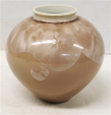 Sid Oakley North Carolina Crystalline Art Pottery Vase - Light Tan with Large Champagne Pink Crystals - Signed Oakley on Bottom - Vase is 6 Tall 