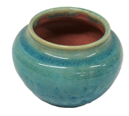 1939 Pisgah Forest Blue Crackle Glaze Small Vase - Blue Exterior - Pink Interior -Stamped Pisgah Forest 1939  Vase is 3 Tall 3 Wide