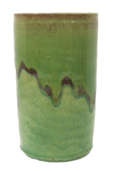 North State Pottery Hand Made Cylindrical Vase - Green and Wine Colored Glazes - 1939 - 1959 Stamp "Handmade by North State Pottery Sanford, N. Carolina - Vase is 7 1/2" Tall 