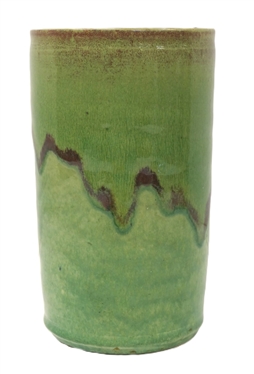 North State Pottery Hand Made Cylindrical Vase - Green and Wine Colored Glazes - 1939 - 1959 Stamp Handmade by North State Pottery Sanford, N. Carolina - Vase is 7 1/2 Tall 