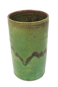 North State Pottery Hand Made Cylindrical Vase - Green and Wine Colored Glazes - 1939 - 1959 Stamp Handmade by North State Pottery Sanford, N. Carolina - Vase is 7 1/2 Tall 