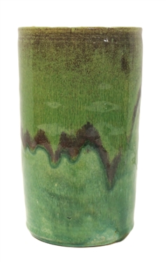 North State Pottery Hand Made Cylindrical Vase - Green and Wine Colored Glazes - 1939 - 1959 Stamp Handmade by North State Pottery Sanford, N. Carolina - Vase is 7 1/2 Tall 