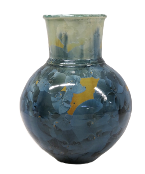 Phil Morgan Seagrove, NC 2001 Dated Crystalline Art Pottery Vase - Tan, White, and Blue Glazes - Vase is 7 1/2" Tall - Signed in Script on Bottom 